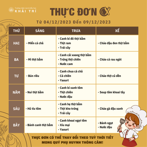 Thực Đơn Tuần Mới (Từ 04/12 Đến 09/12)